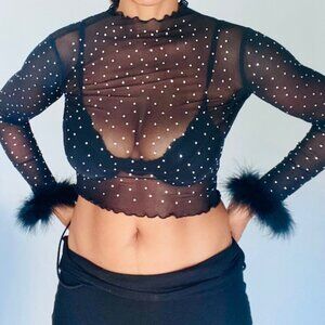 Long Sleeve Fur Trim Rhinestone Mesh Top